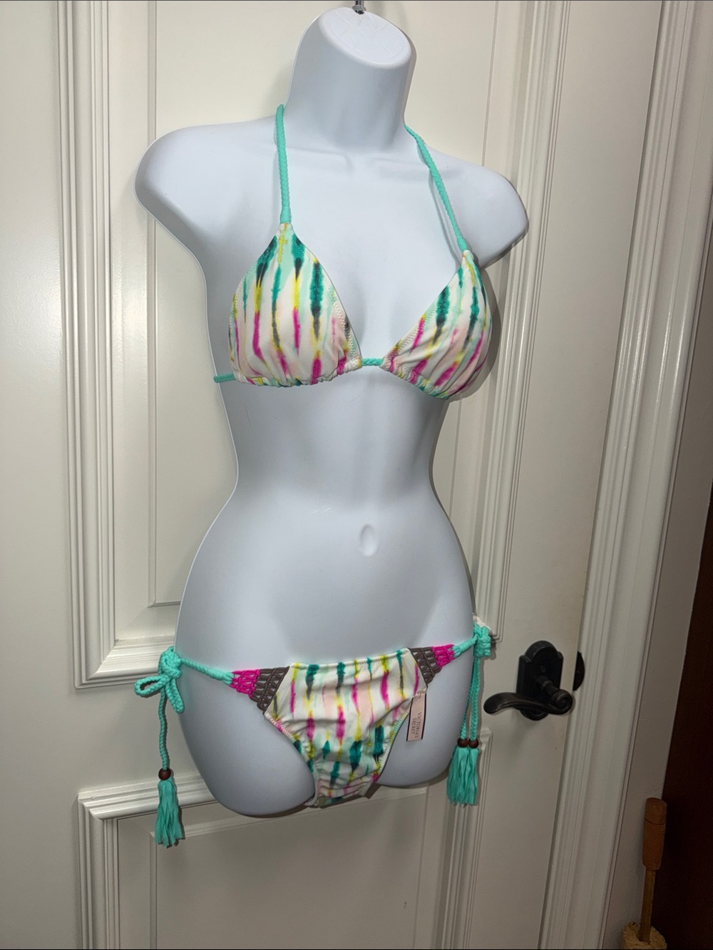 Victoria secret tie dye batik print crochet bikini string tassel pink green swim